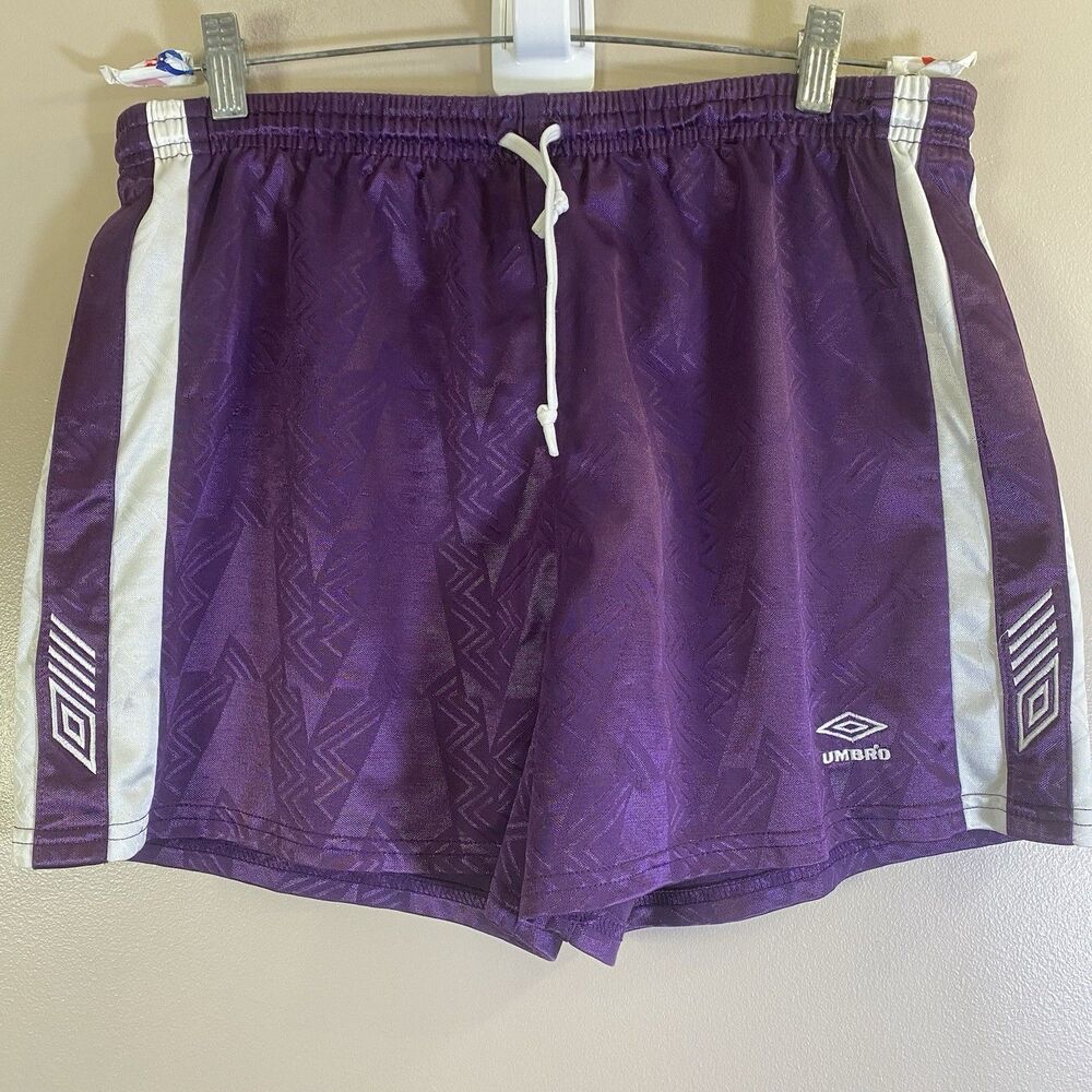 Vintage Umbro Shorts Men's LARGE Purple Nylon USA Made Baggy Retro Soccer